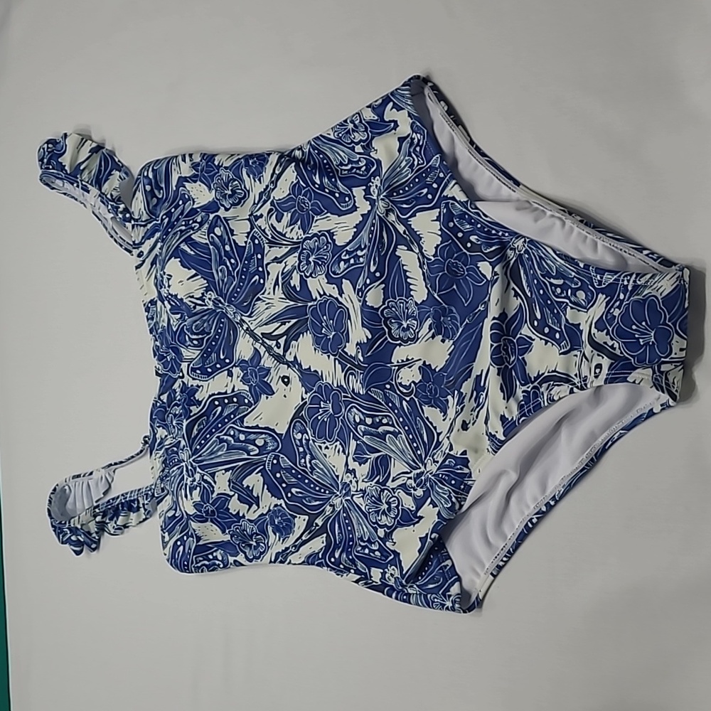 Dragonfly and floral one piece swimsuit ruffle adjustable straps